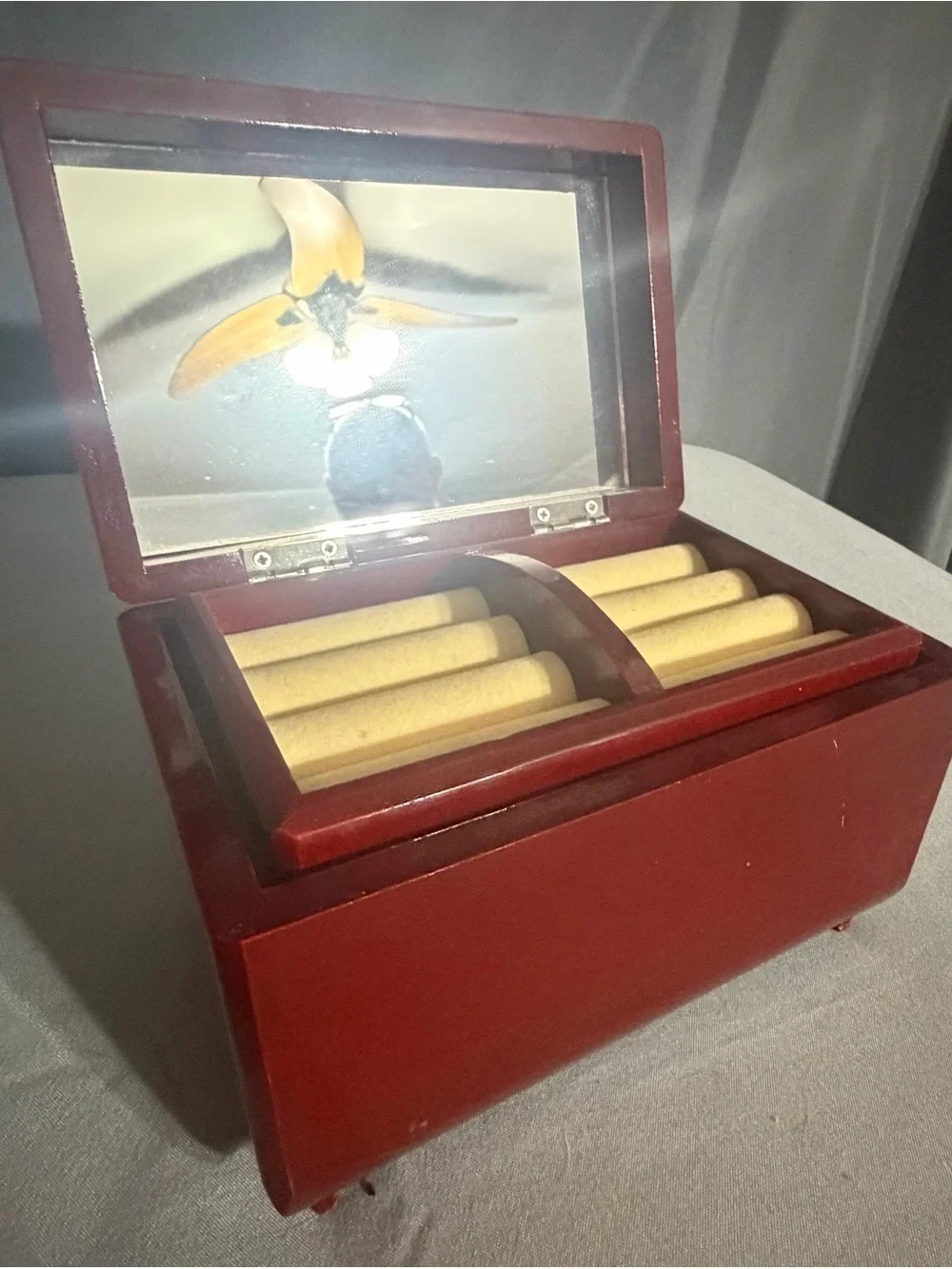 Vintage Wood-Trim Jewelry Box/ Music Box in Deep Red with Floral Inlay